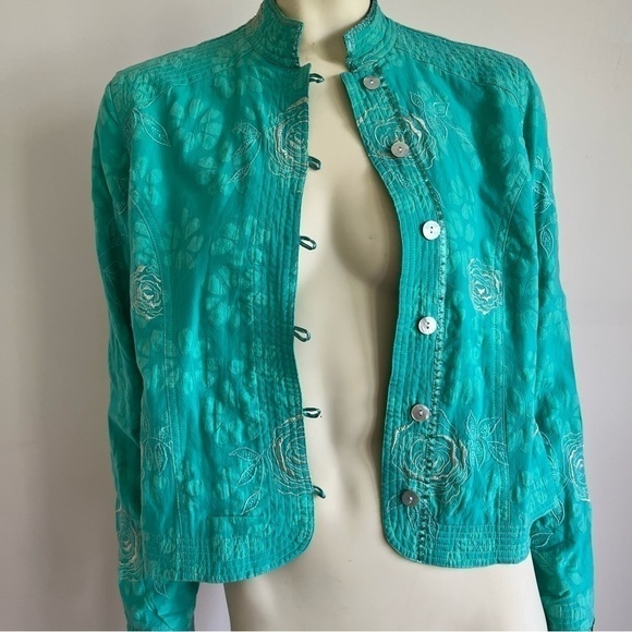 MIRASOL Women’s Embroidered Roses Jacket Mandarin Collar Shell Buttons Green S - Picture 13 of 14